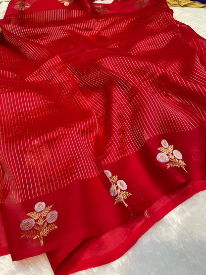 Bright Red Pure Kora Organza Banarasi Handloom Saree's