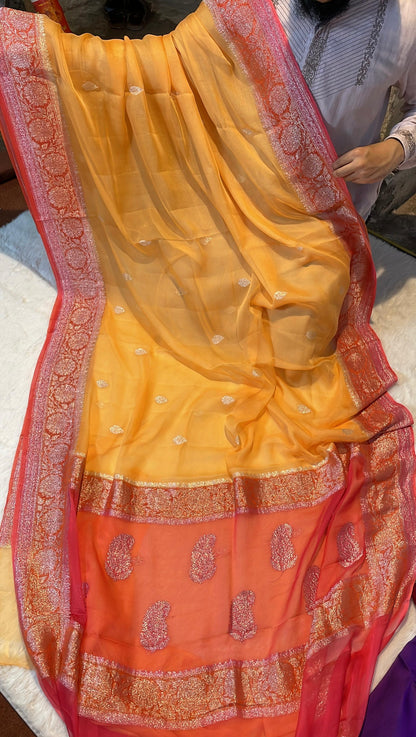 100% 3D Shades Pure Banarasi Khaddi Chiffon Silver Zari Kadwa Buti Handloom Saree
