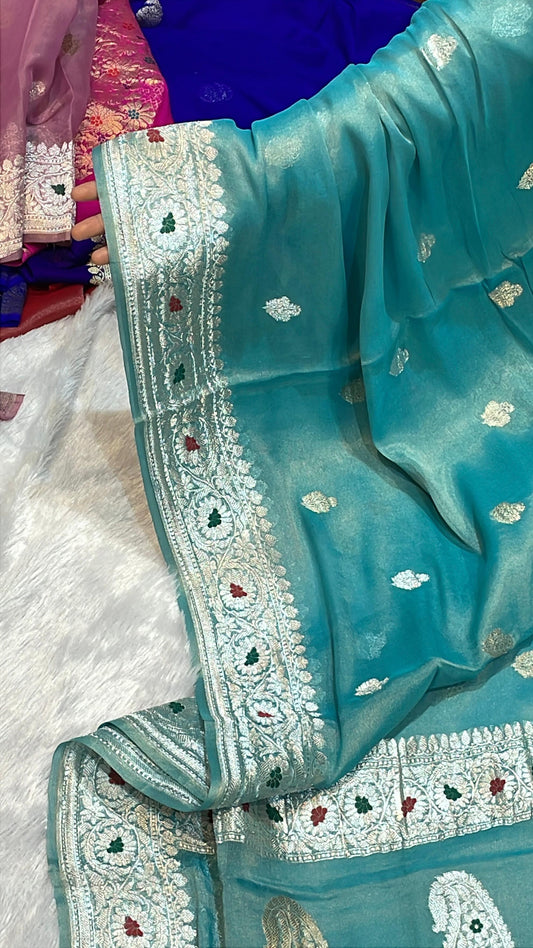 100% Authentic & Luxurious Pure Banarasi Khaddi Chiffon Tissue Saree Emerald Aqua Grace Colour
