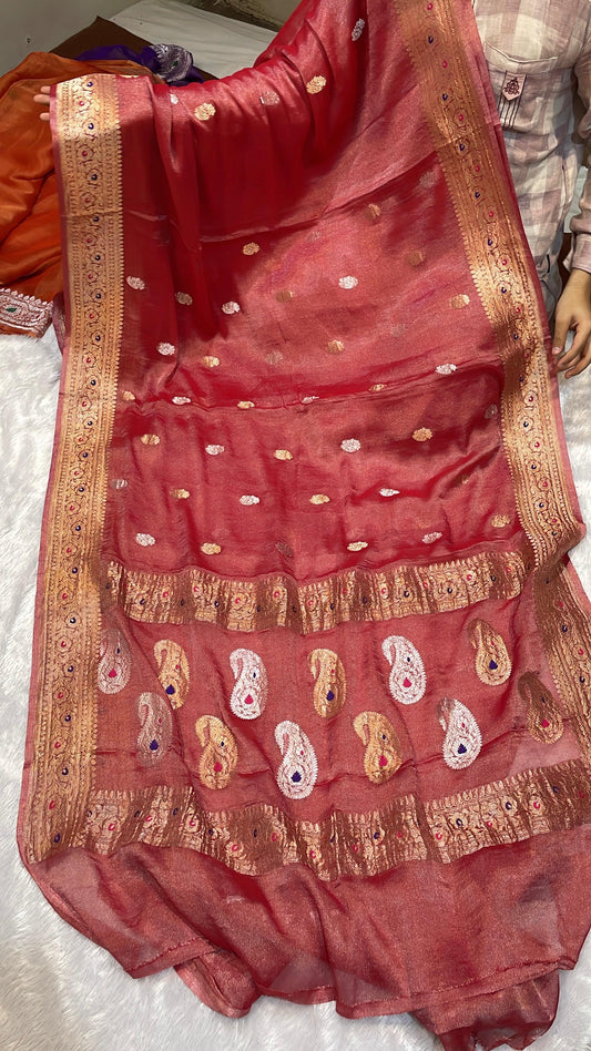 100% Authentic Pure Banarasi Khaddi Chiffon Tissue Saree Pure Red Colour With Golden Zari Border's