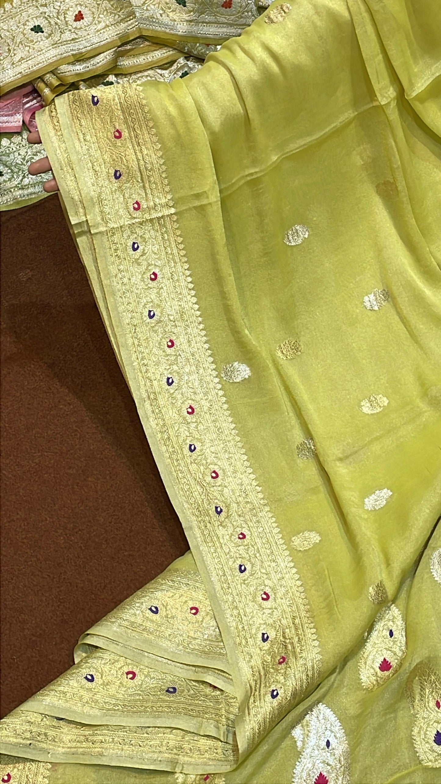 100% Authentic & Luxurious Pure Banarasi Khaddi Chiffon Tissue Saree Lemon-ish Yellow Colour