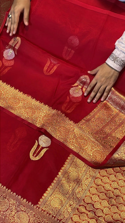 Blood Red Pure Kora Organza Banarasi Kadhwa Handloom Saree's