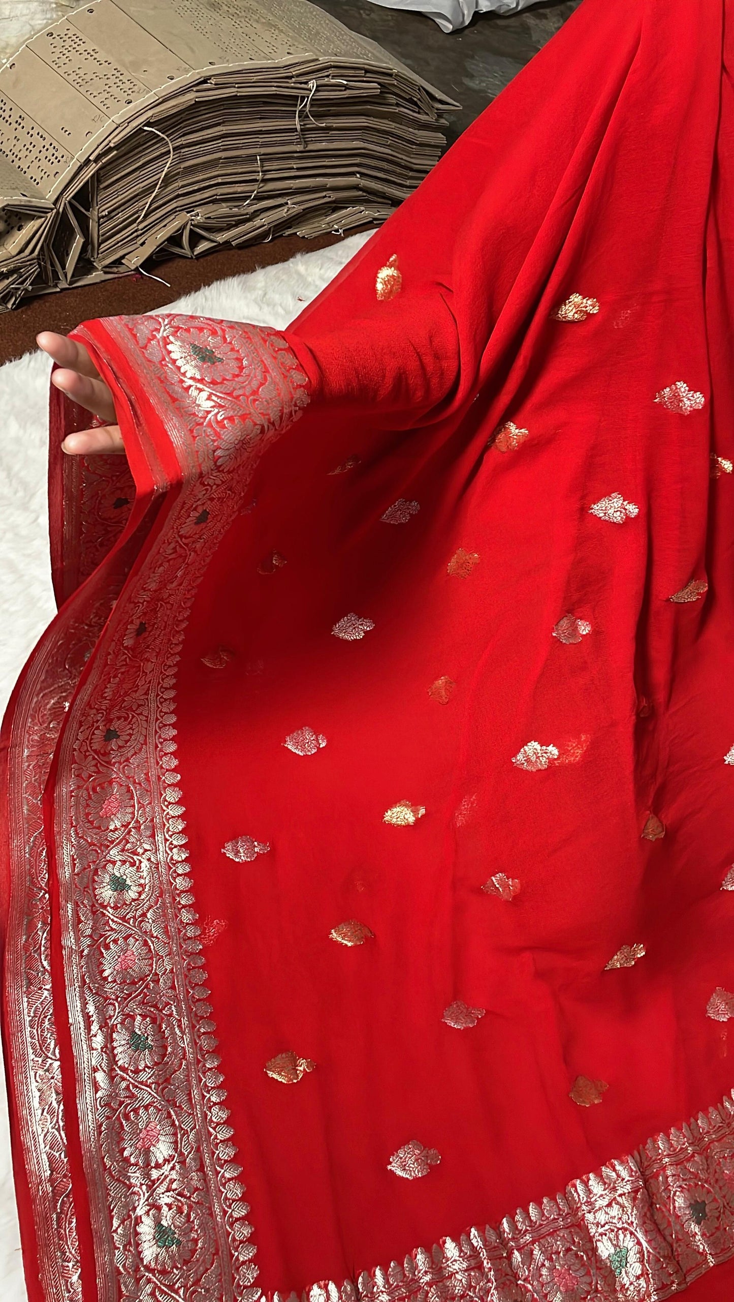 100% Authentic & Luxurious Pure Banarasi Khaddi Chiffon Georgette Saree Scarlet Red Color