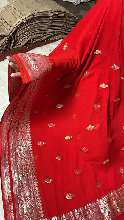 100% Authentic & Luxurious Pure Banarasi Khaddi Chiffon Georgette Saree Scarlet Red Color