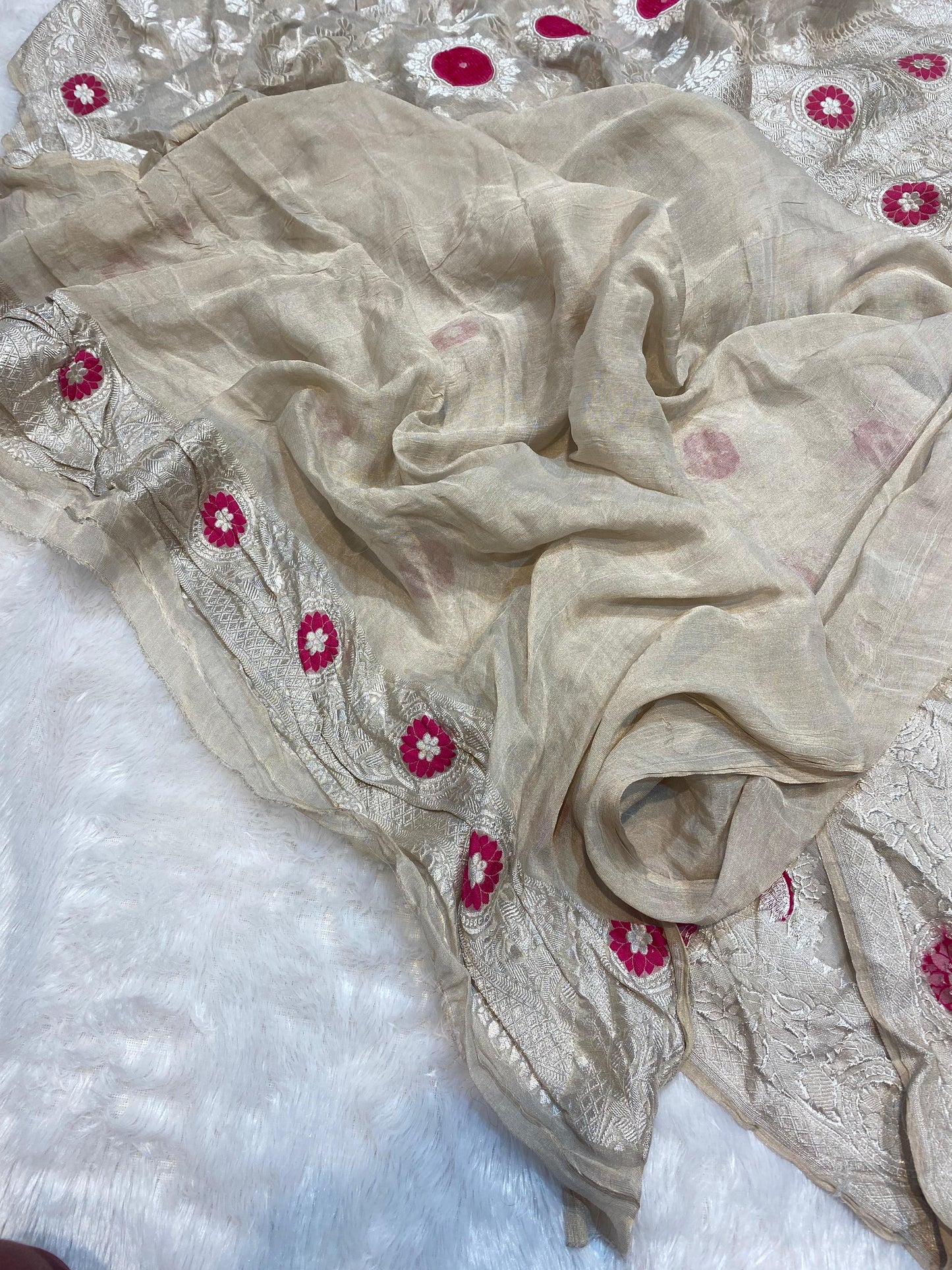 Pure Khaddi Georgette Tissue Saree With Velvet Weaving Natural Colour [*Color Customisable]