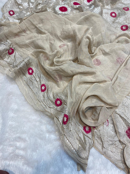 Pure Khaddi Georgette Tissue Saree With Velvet Weaving Natural Colour [*Color Customisable]