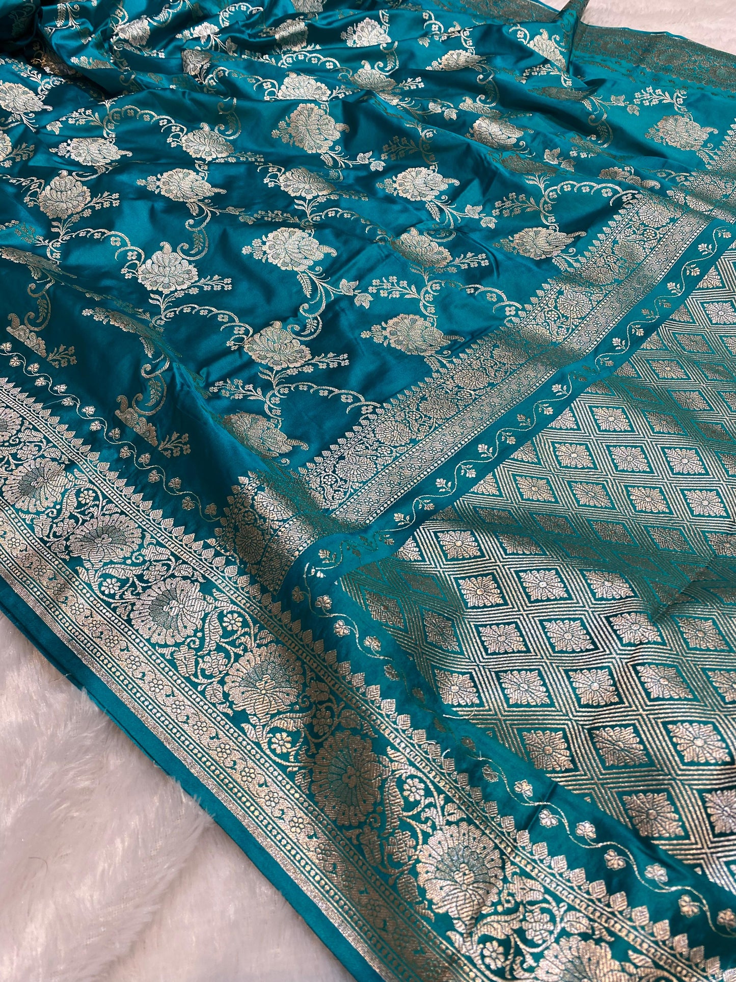 Mashru Silk Saree Firozi Color With Floral Border Sona Rupa Zari Mina Jaal Pattern MSW42