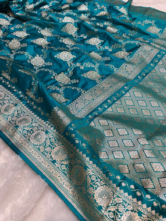 Mashru Silk Saree Firozi Color With Floral Border Sona Rupa Zari Mina Jaal Pattern MSW42