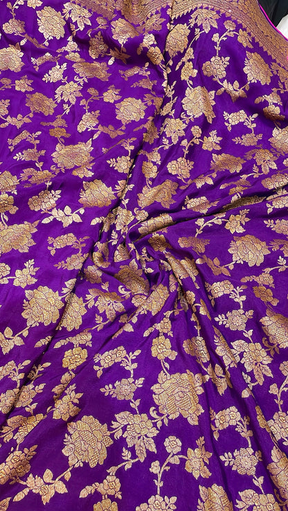 Pure Banarasi Khaddi Crape Silk Handloom Saree with Traditional Corners Purple With Rani Color