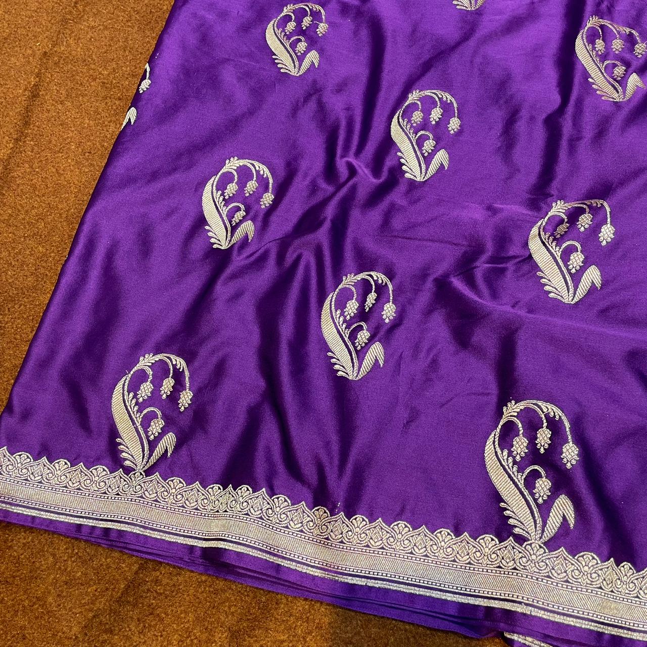 Mashru Silk Saree Deep Purple Color with Short Border Delicate Paisley/Mango Boota MSW-09