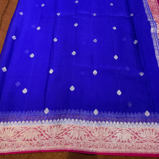 100% Pure Banarasi Khaddi Chiffon Silver Zari Kadwa Buti Handloom Saree Royal Blue with Rani Pink Colour
