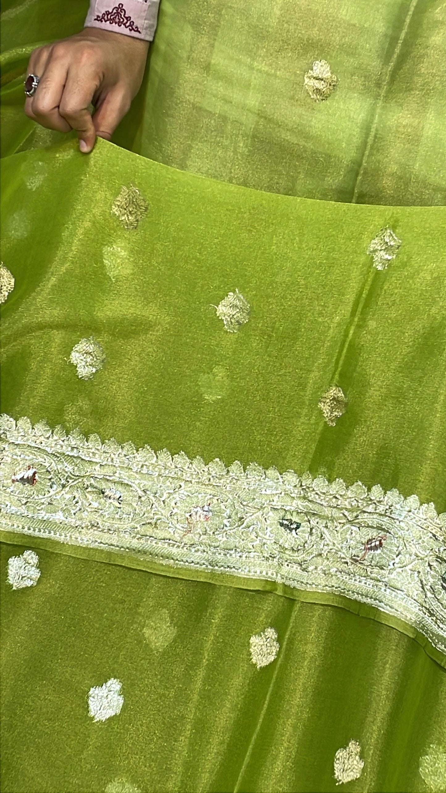 100% Authentic & Luxurious Pure Banarasi Khaddi Chiffon Tissue Saree Spring Pista Green Colour