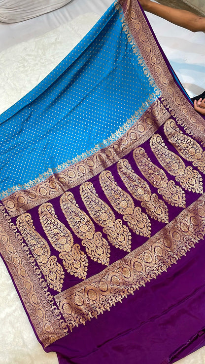 Pure Banarasi Khaddi Crape Silk Handloom Saree with Traditional Corners Firozi with Purple color
