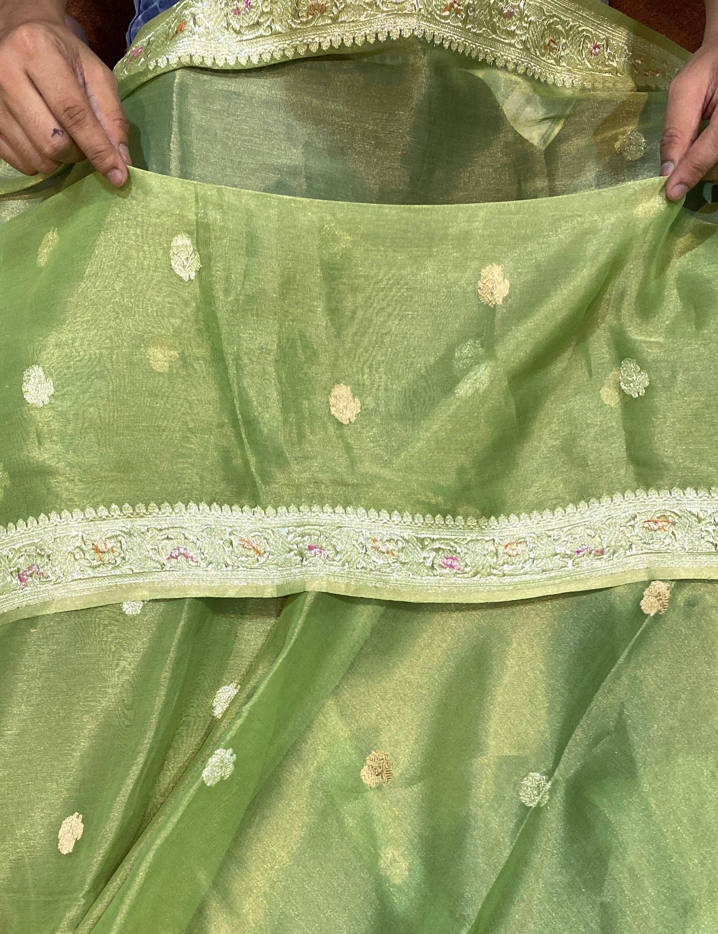 100% Authentic & Luxurious Pure Banarasi Khaddi Chiffon Tissue Saree Pista Green Shade
