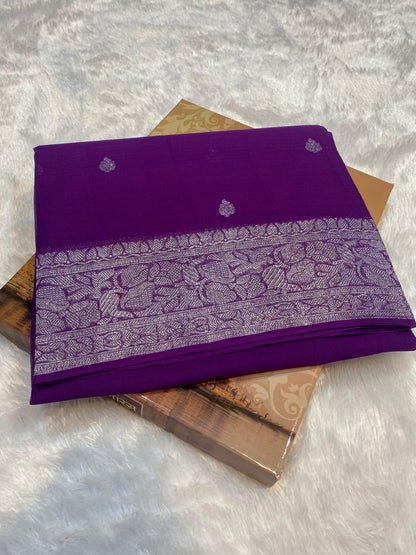100% Pure Banarasi Khaddi Chiffon Silver Zari Kadwa Buti Handloom Saree Purple Colour