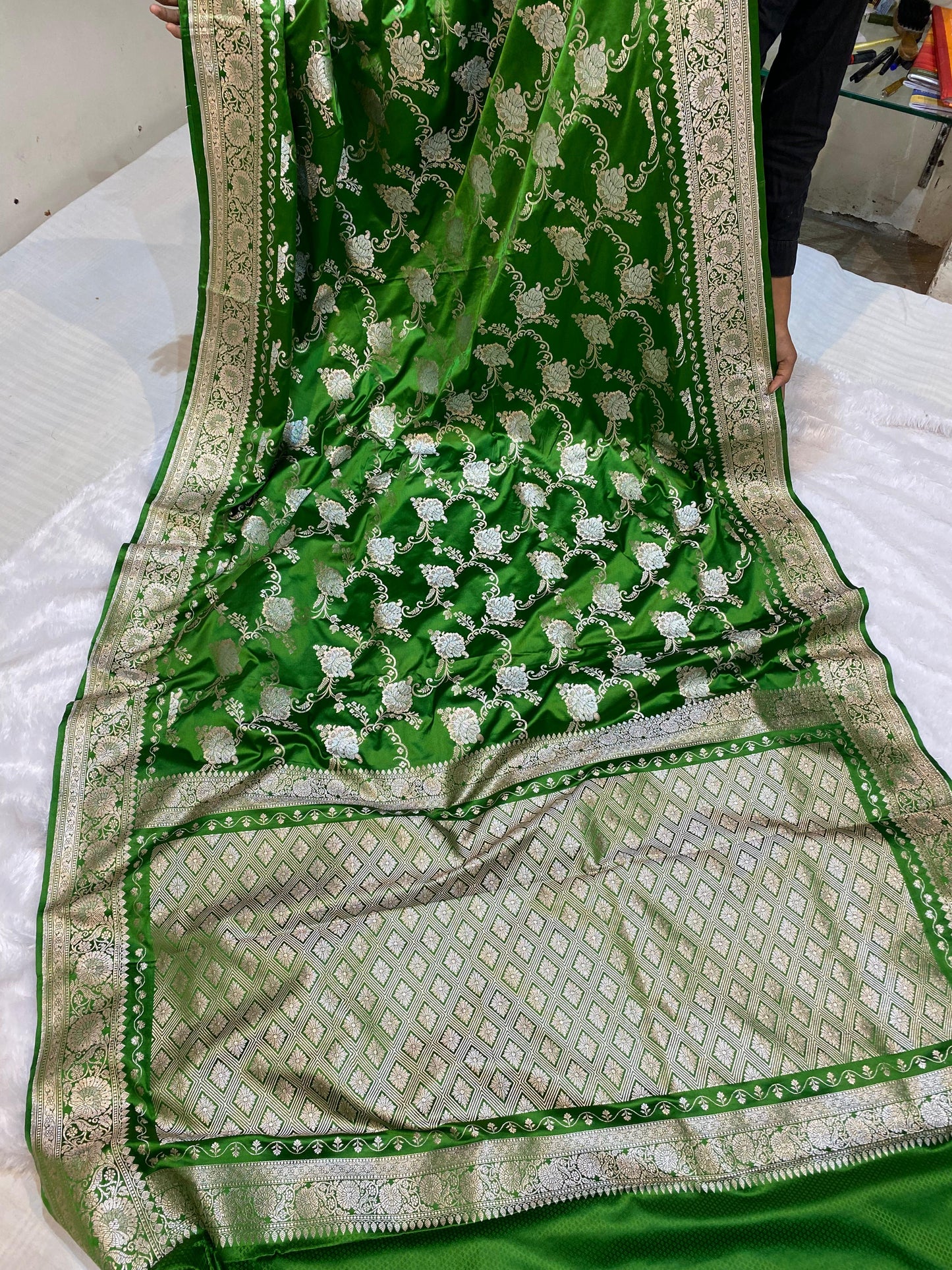 Mashru Silk Saree Dime Green Color With Floral Border Sona Rupa Zari Mina Jaal Pattern MSW41