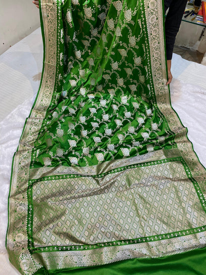Mashru Silk Saree Dime Green Color With Floral Border Sona Rupa Zari Mina Jaal Pattern MSW41