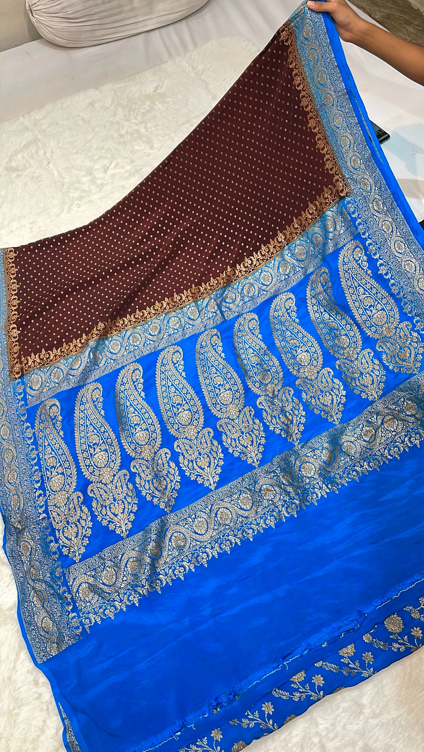 Pure Banarasi Khaddi Crape Silk Handloom Saree with Traditional Corners Coffee Brown With Firozi