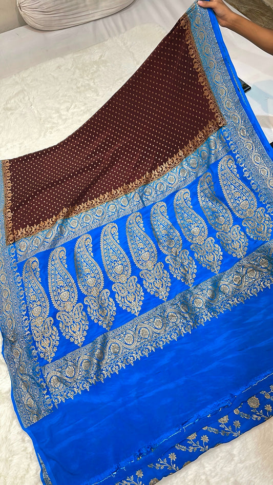 Pure Banarasi Khaddi Crape Silk Handloom Saree with Traditional Corners Coffee Brown With Firozi