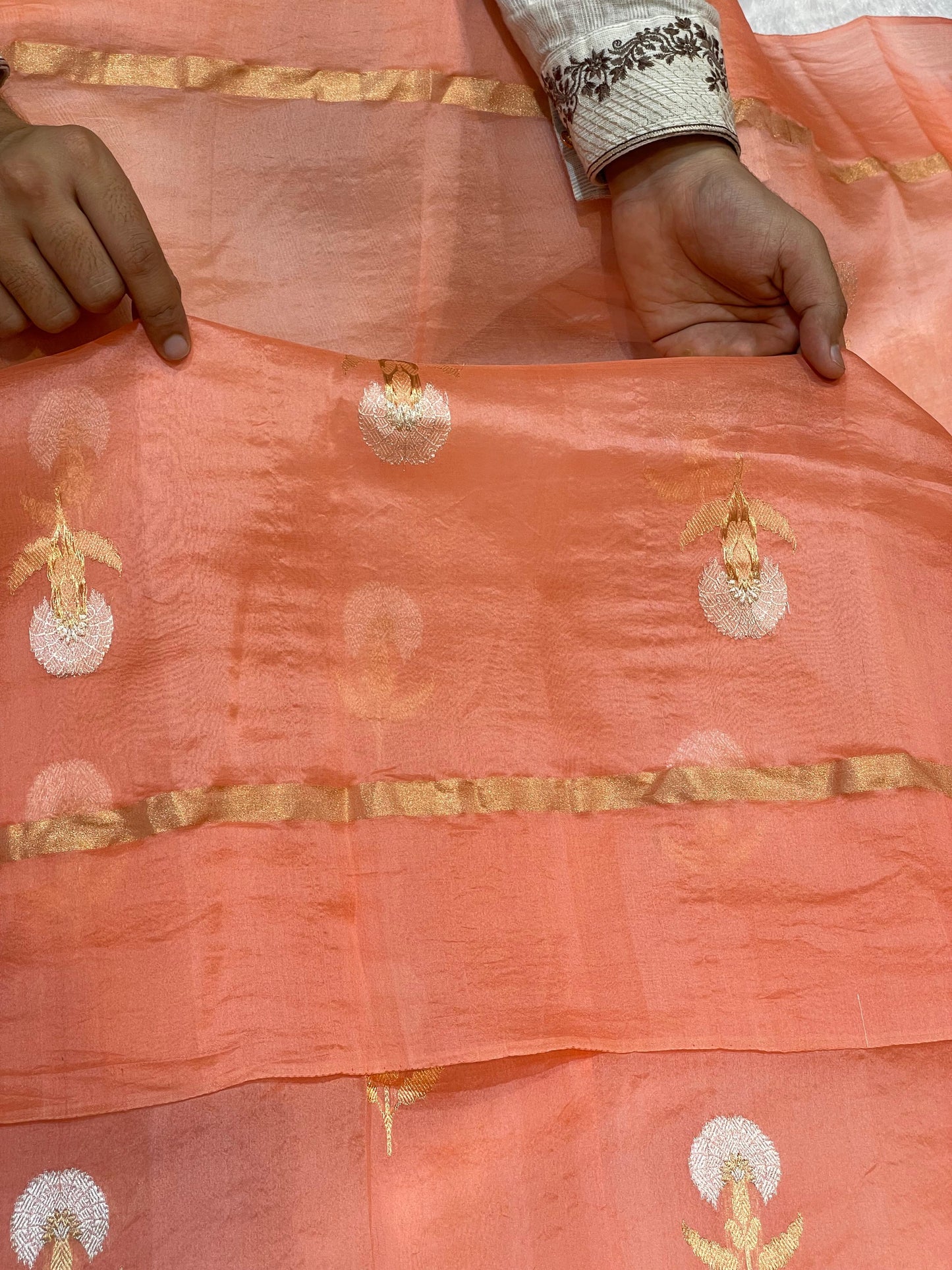 Peach Color Pure Kora Organza Banarasi Handloom Saree's