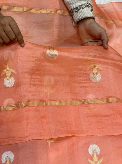 Peach Color Pure Kora Organza Banarasi Handloom Saree's