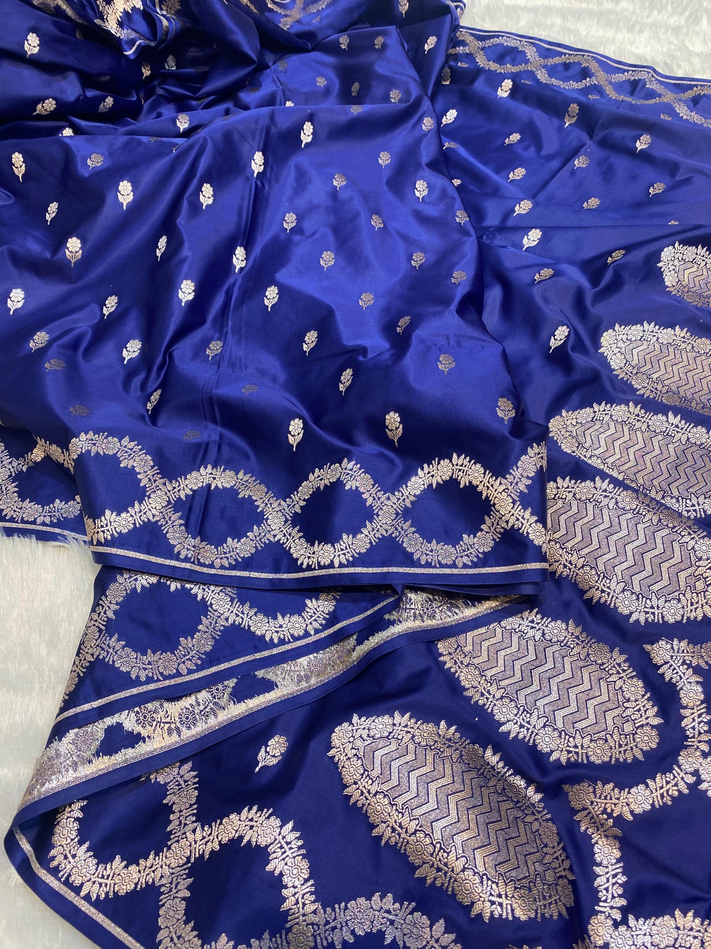 Mashru Silk Saree Royale Blue Color With Floral Border All Over Flower Booti