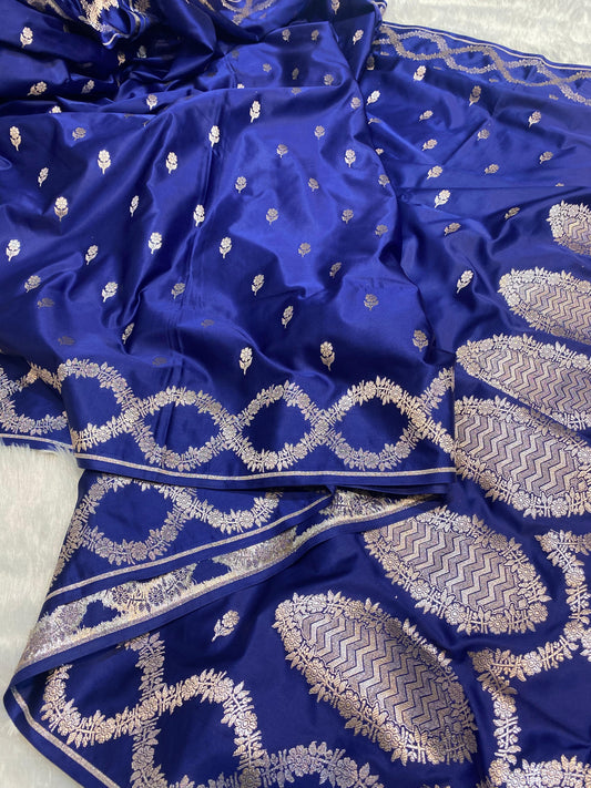 Mashru Silk Saree Royale Blue Color With Floral Border All Over Flower Booti