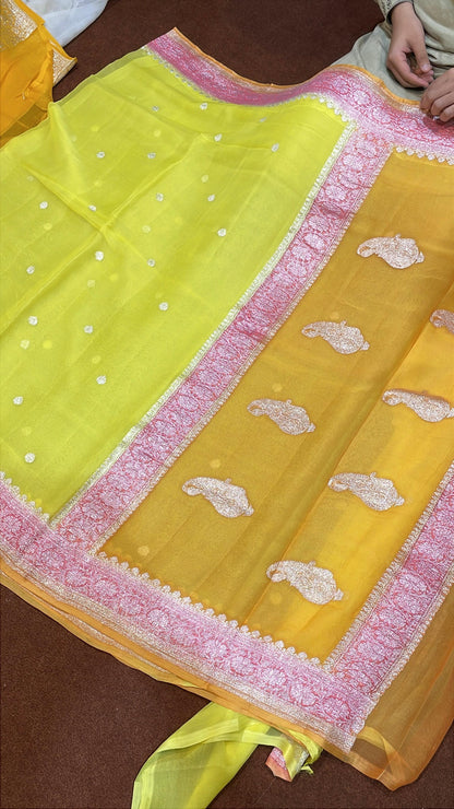 100% 3D Shades Pure Banarasi Khaddi Chiffon Silver Zari Kadwa Buti Handloom Saree