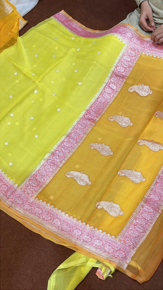 100% 3D Shades Pure Banarasi Khaddi Chiffon Silver Zari Kadwa Buti Handloom Saree