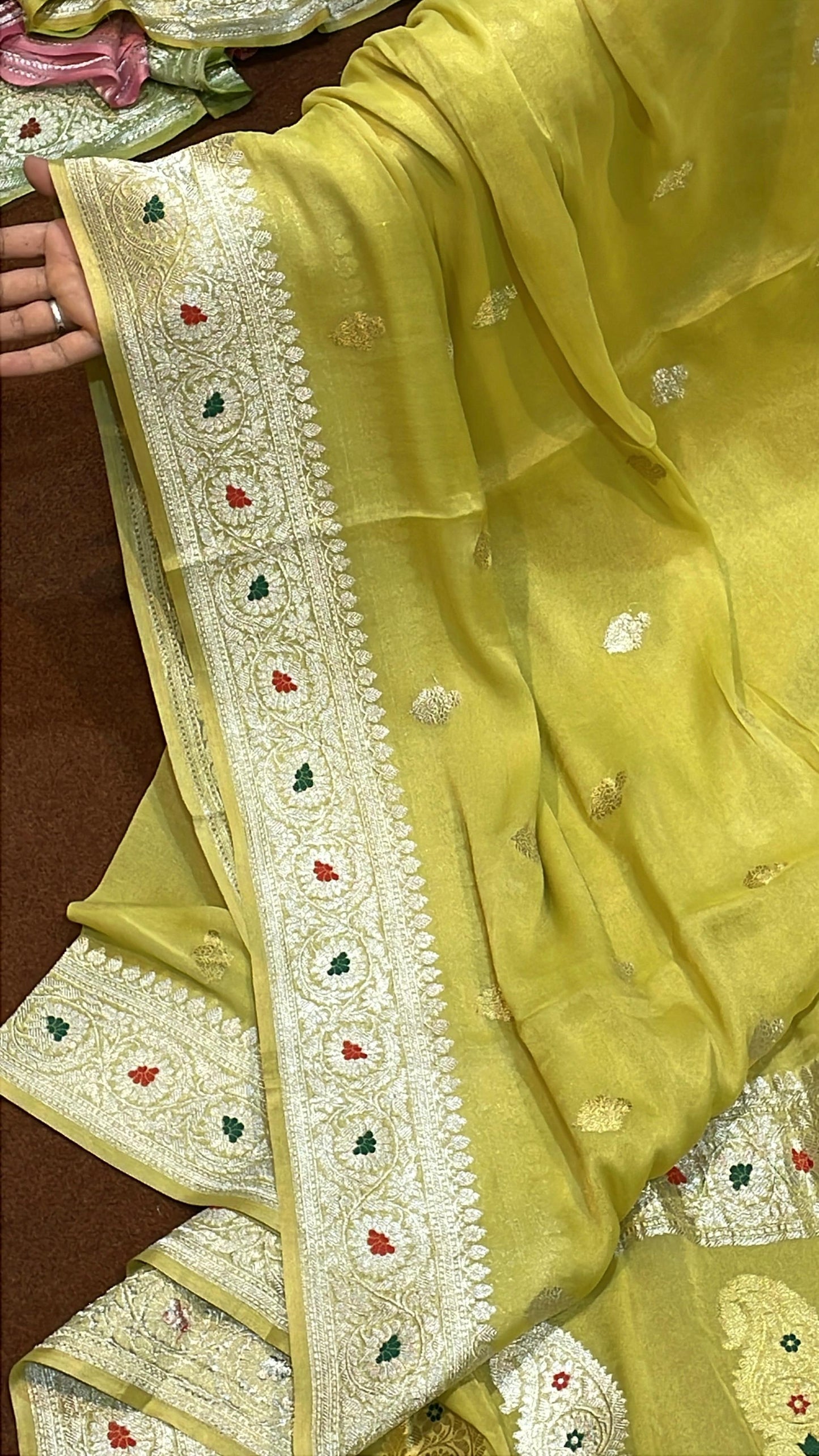 100% Authentic & Luxurious Pure Banarasi Khaddi Chiffon Tissue Saree Shimmering Yellow Colour