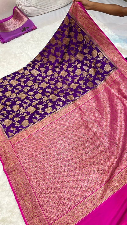 Pure Banarasi Khaddi Crape Silk Handloom Saree with Traditional Corners Purple With Rani Color