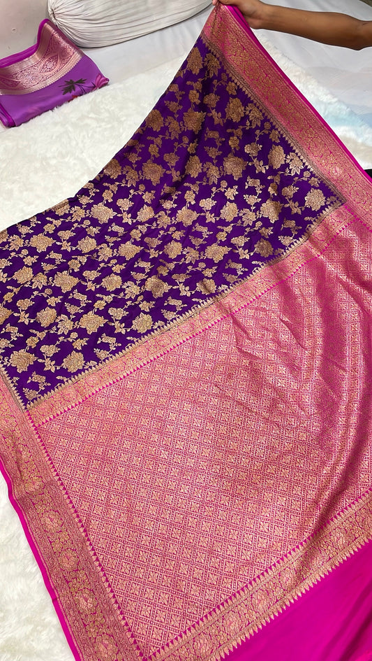 Pure Banarasi Khaddi Crape Silk Handloom Saree with Traditional Corners Purple With Rani Color