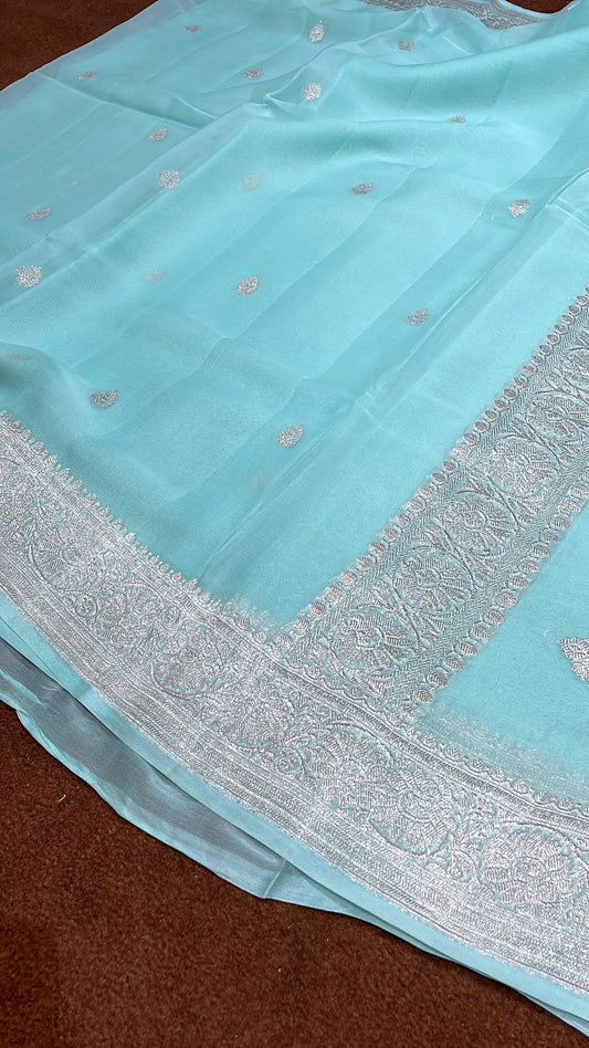 100% Pure Banarasi Khaddi Chiffon Silver Zari Kadwa Buti Handloom Saree Water Blue/Firozi Colour