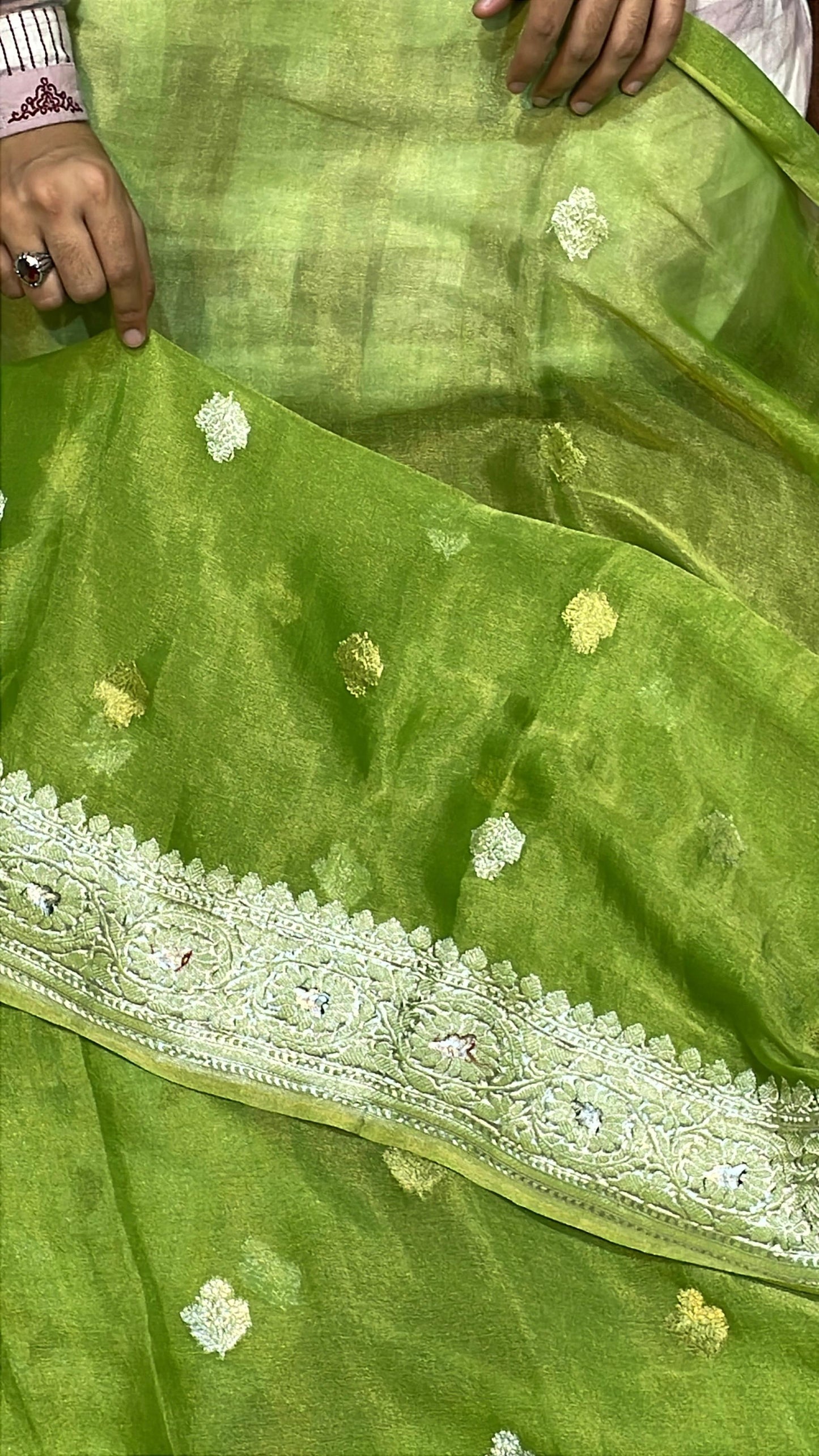 100% Authentic & Luxurious Pure Banarasi Khaddi Chiffon Tissue Saree Neon Parrot Green Colour