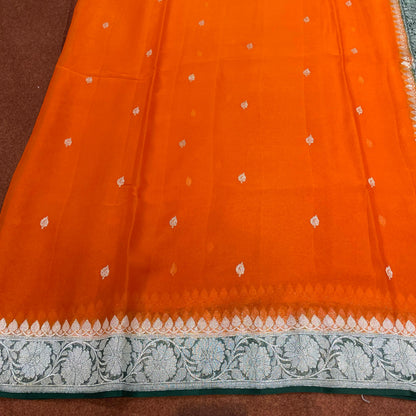 100% Pure Banarasi Khaddi Chiffon Silver Zari Kadwa Buti Handloom Saree Orange and Bottle Green Colour