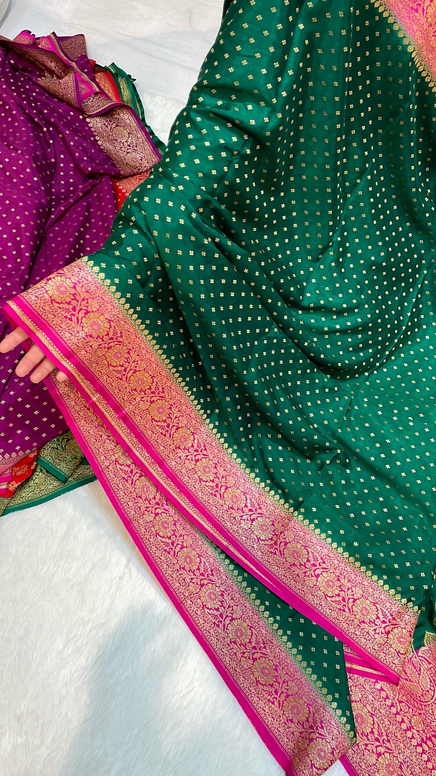 Pure Banarasi Khaddi Crape Silk Handloom Saree with Traditional Corners Green With Rani Color