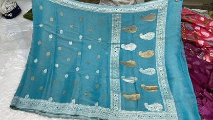 100% Authentic & Luxurious Pure Banarasi Khaddi Chiffon Tissue Saree Powder Blue/Firozi Colour