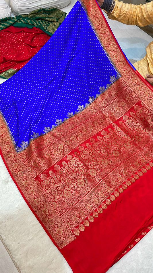 Pure Banarasi Khaddi Crape Silk Handloom Saree with Traditional Corners Blue With red Color
