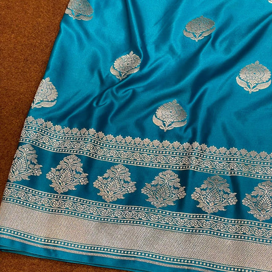 Pure Banarasi Firozi/Teal Blue Color with Floral Border All Over Boota Mashru Silk Saree MSW-04