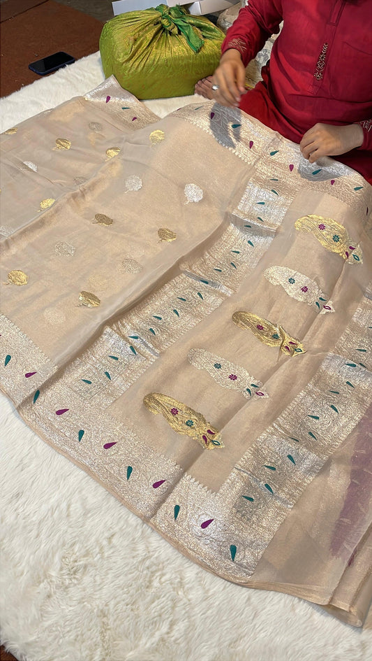100% Authentic & Luxurious Pure Banarasi Khaddi Chiffon Tissue Saree Natural/Tussar Colour (Rose Buta)