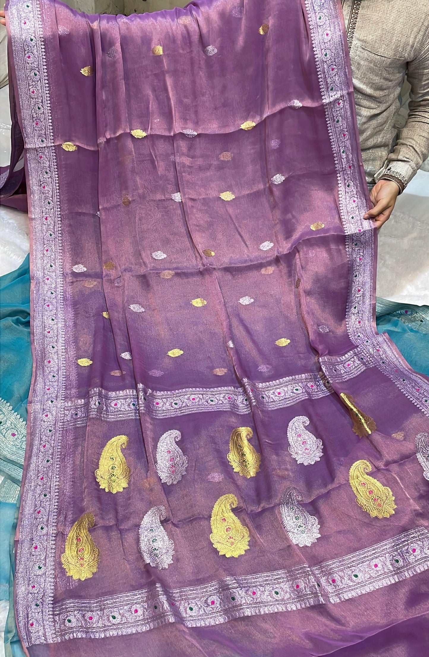 100% Authentic & Luxurious Pure Banarasi Khaddi Chiffon Tissue Saree Lavender/Purple Shade