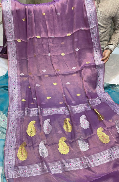 100% Authentic & Luxurious Pure Banarasi Khaddi Chiffon Tissue Saree Lavender/Purple Shade