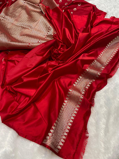 Mashru Silk Saree Crimson Red Color With Buta Border Sona Rupa Zari  MSW35