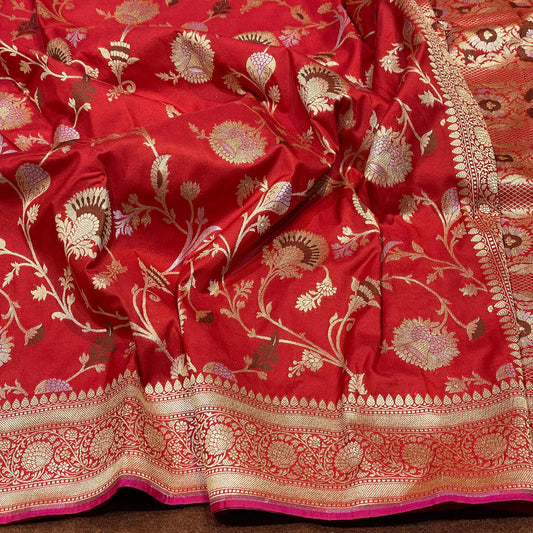 Bridal Red Katan Silk Sarees Sona Rupa Antique Zari Jangla Weave