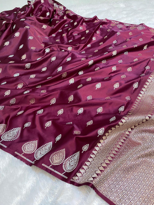 Mashru Silk Saree Burnt Maroon Color With Buta Border Sona Rupa Zari  MSW34