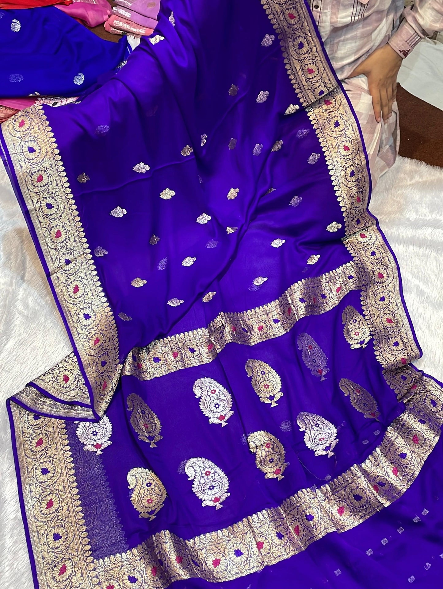 100% Authentic & Luxurious Pure Banarasi Khaddi Chiffon Georgette Saree Royal Violet Blue Colour