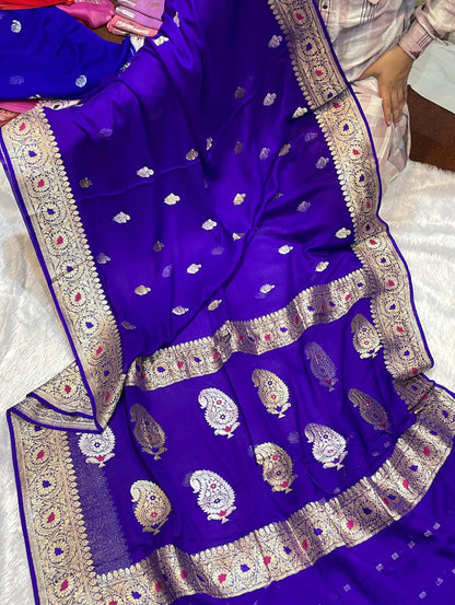 100% Authentic & Luxurious Pure Banarasi Khaddi Chiffon Georgette Saree Royal Violet Blue Colour