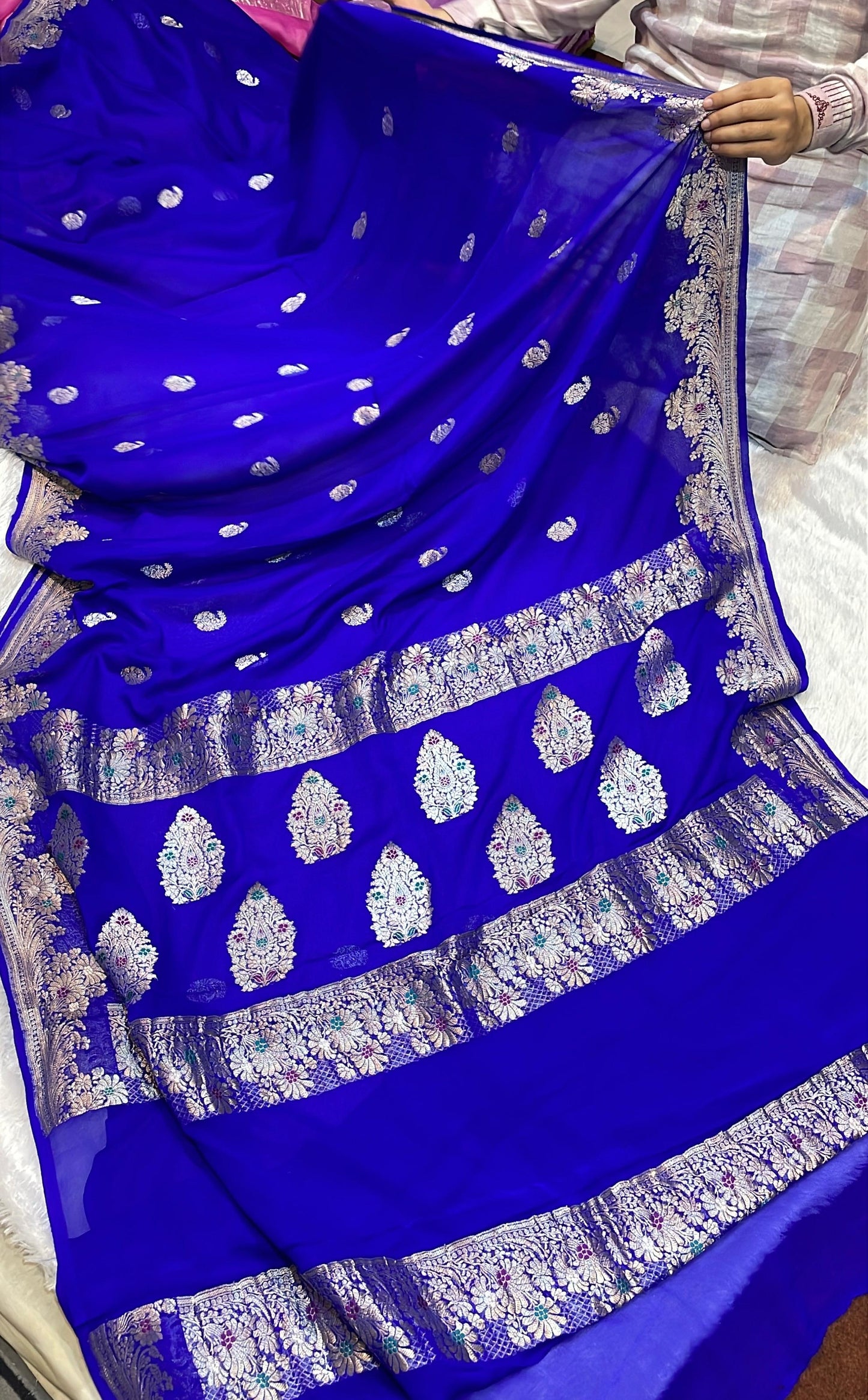 100% Authentic & Luxurious Pure Banarasi Khaddi Chiffon Georgette Saree Orchid Blue Color