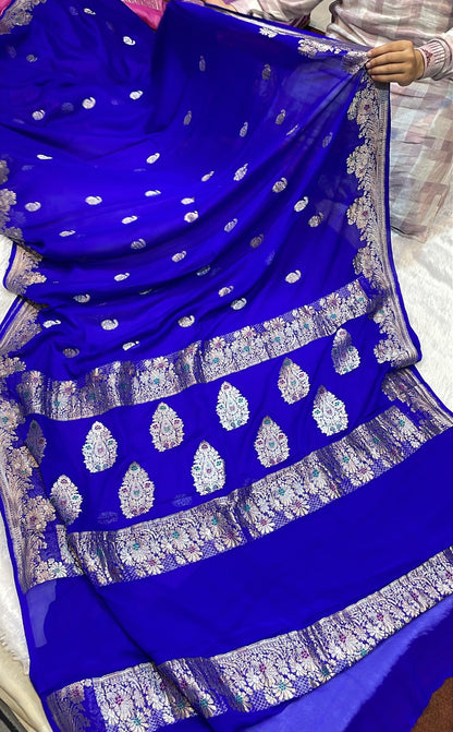 100% Authentic & Luxurious Pure Banarasi Khaddi Chiffon Georgette Saree Orchid Blue Color
