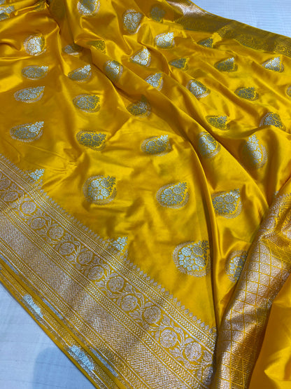 Mashru Silk Saree Golden Yellow Color With Floral Border Buta Sona Rupa Zari MSW31